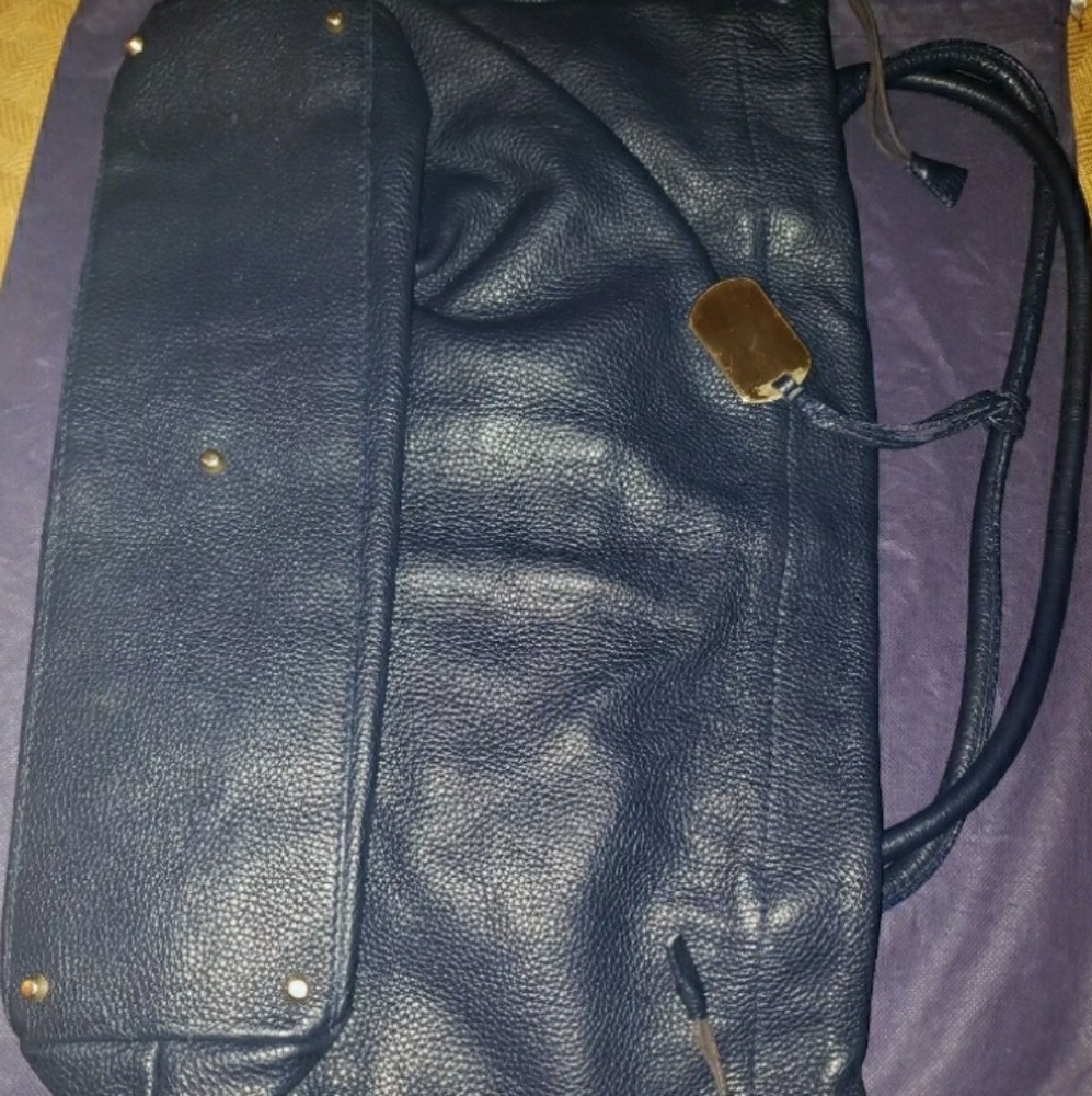 Furla navy blue pebbled leather hobo handbag